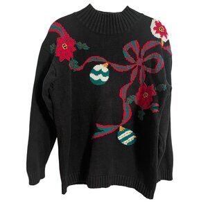 Vintage Floral Christmas Sweater M Black Knit Classic Retro Preppy Chic Festive